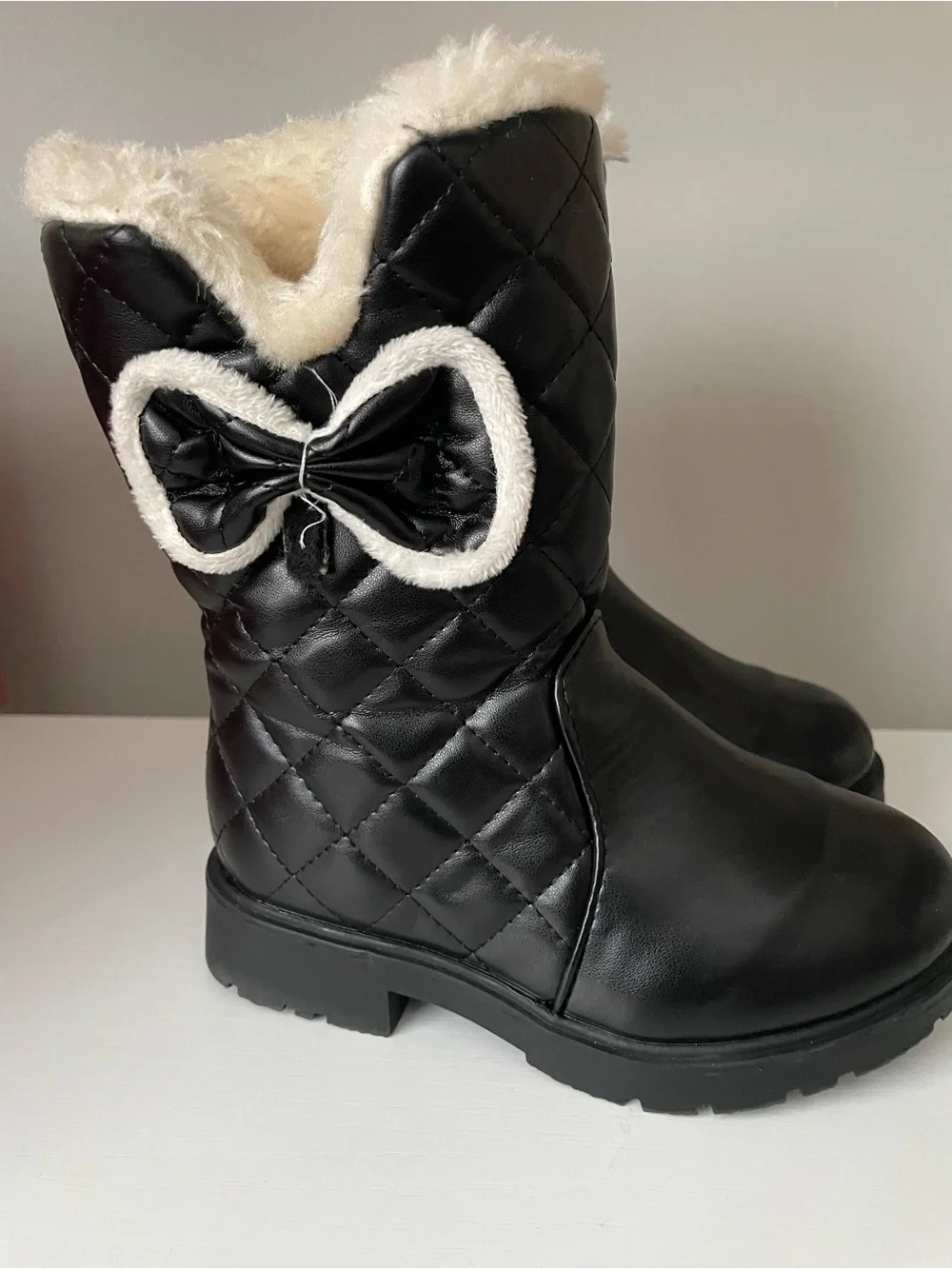 Black Quilted Faux Leather Winter Boots for Toddler Girls 1-3Y